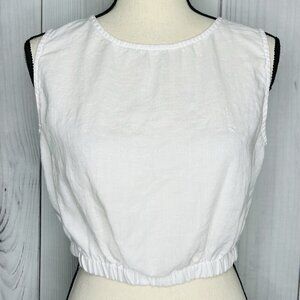 OLIVACEOUS Sz M White Sleeveless Top Linen Blend Keyhole Neck Elastic Waist